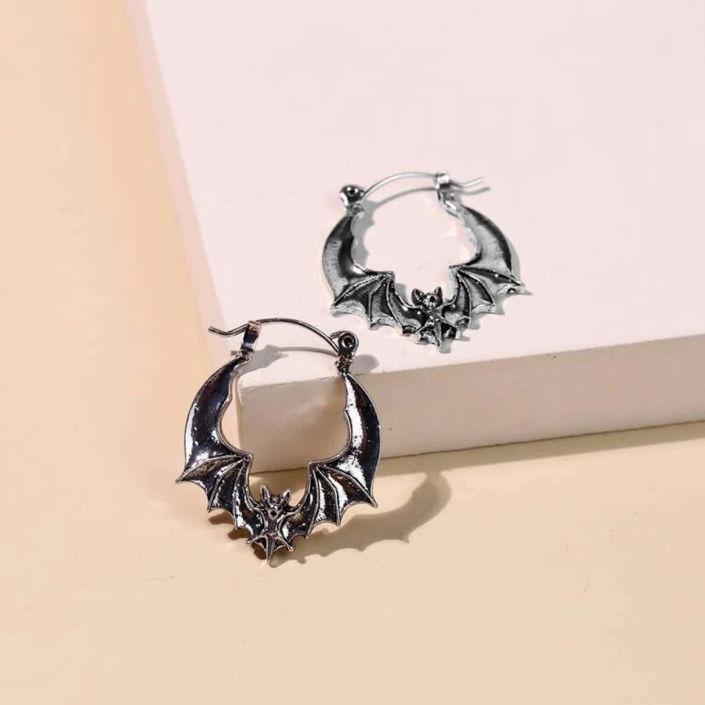 Awesome Metallic Gun Black Open Winged Bat Hoop Earrings